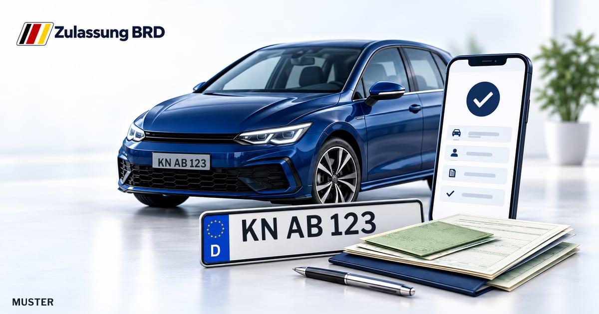Online Fahrzeugzulassung in Rielasingen-Worblingen: Musterkennzeichen KN AB 123, Auto und Fahrzeugpapiere und Smartphone. Illustration mit Logo von Zulassung BRD.